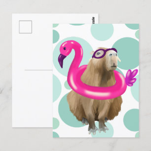 Carte Postale Pool Party Cute Capybara Avec Flotte Flamant rose 