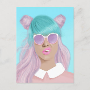 CARTE POSTALE POP ART FILLE RETRO BLUE HAIR POSTCARD