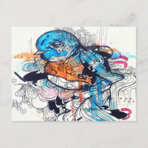 Carte Postale Pop art surréaliste kawaii bleu oiseau art animal