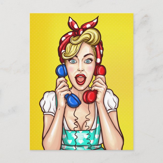 Carte Postale Pop Art Woman sur deux téléphones (Devant)