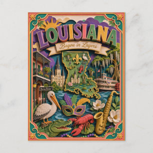 Carte Postale PopCut États de Louisiane Coloré Art en Papier 3D