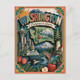 Carte Postale PopCut États de Washington Coloré Art en Papier 3D