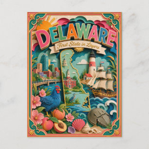 Carte Postale PopCut États Delaware Coloré Art en Papier 3D