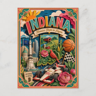 Carte Postale PopCut États Indiana Coloré Art en Papier 3D
