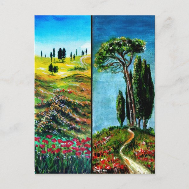 CARTE POSTALE POPIES, CYPRESS ET PINS MÉDITERRANIEN EN TOSCANE (Devant)