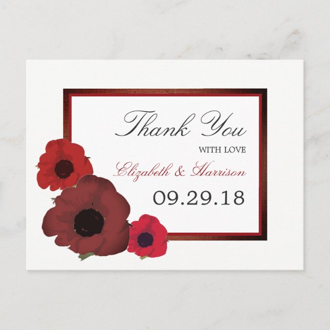 Carte Postale Poppies rouges et Merci Mariage de Burlap (Devant)