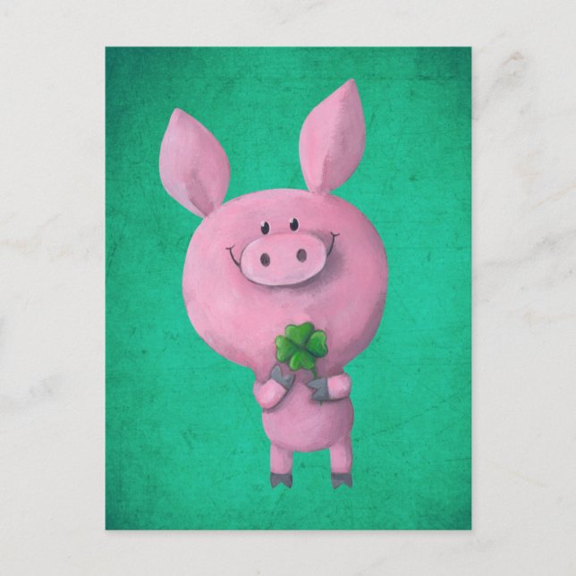 Carte Postale Porc chanceux avec quatre feuilles de trèfle chanc (Devant)