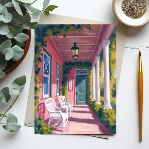 Carte Postale Porche Rose   Aquarelle Fleurie Deck Botanique