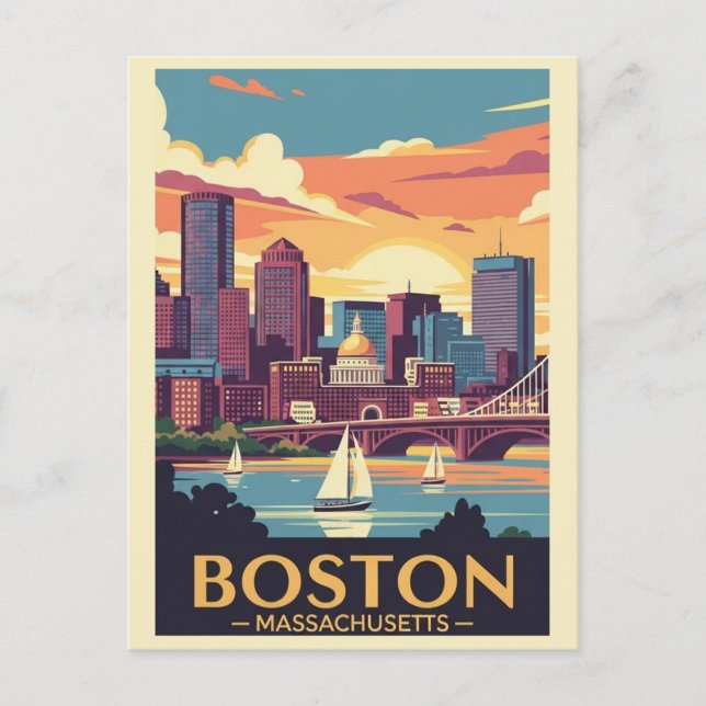 Carte Postale Port de bateaux à Vintage voyage Retro Boston (Devant)