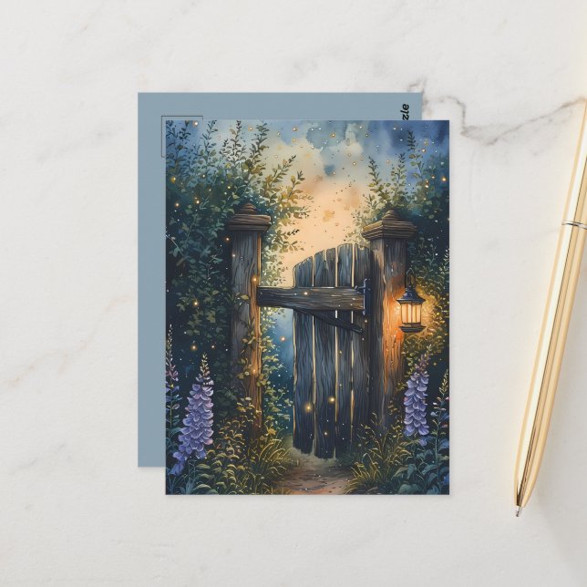 Carte Postale Porte De Jardin Enchantée Sous Ciel De Luciole (Devant/Arrière en situation)