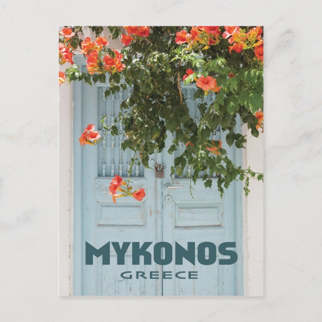 Carte Postale Porte de Mykonos Grèce avec fleurs (Devant)