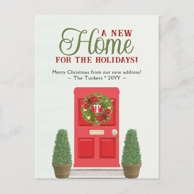 Carte Postale Porte rouge & Topiaries Aquarelle Noël Déménagemen (Devant)
