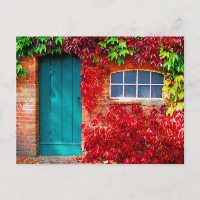 Carte Postale Porte Turquoise pittoresque avec feuilles d'automn (Devant)