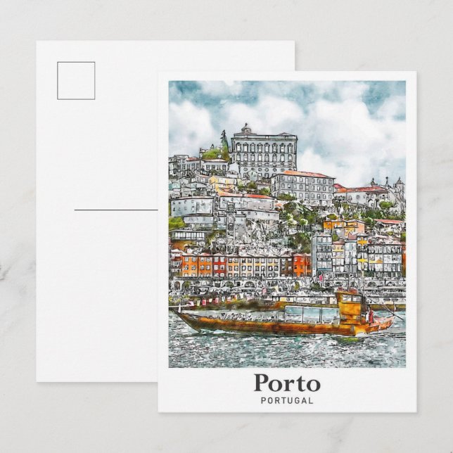 Carte Postale Porto Portugal Aquarelle Voyage Croquis main (Devant / Derrière)
