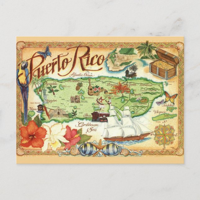 Carte postale Porto Rico Illustrated Map (Devant)