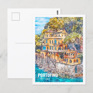 Carte Postale Portofino Italie Fameux Voyage Aquarelle croquis