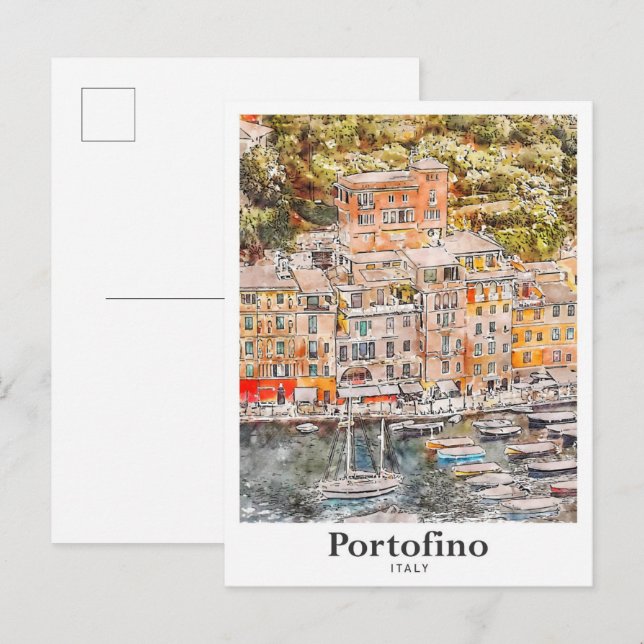 Carte Postale Portofino Italie Voyage Aquarelle main tirée (Devant / Derrière)