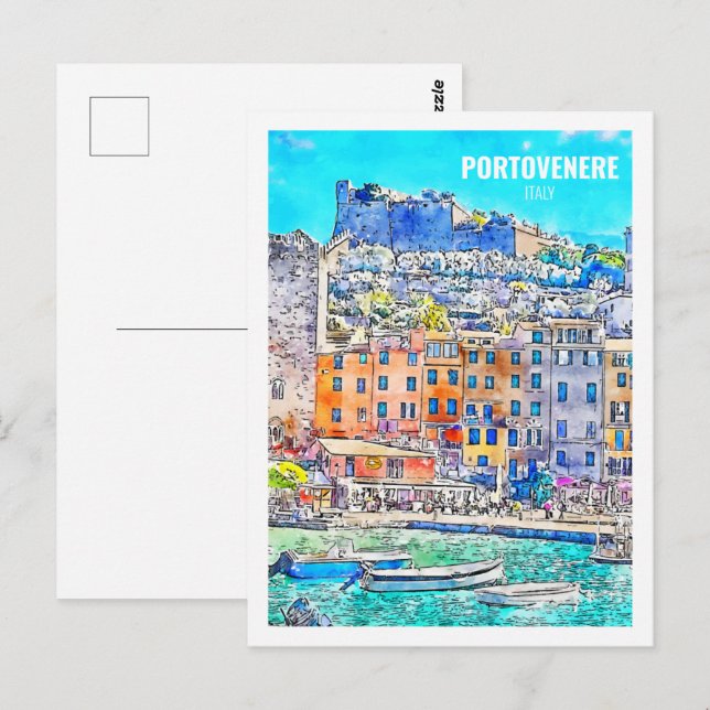 Carte Postale Portovenere Italie Fameux Voyage Aquarelle croquis (Devant / Derrière)