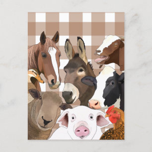 Carte Postale Portrait animal de ferme En vichy chèque - Brown