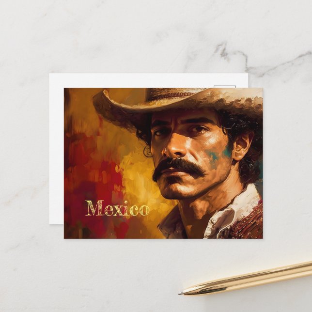 Carte Postale Portrait art mexicaine casquette mode man bold (Devant/Arrière en situation)