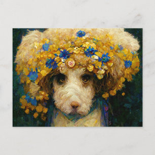 Carte Postale Portrait Art Nouveau d'un caniche avec des fleurs