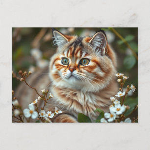 Carte Postale Portrait botanique de chat avec des fleurs délicat