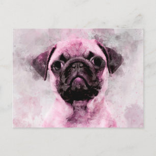 Carte Postale Portrait d'aquarelle de chien Carlin rose 02