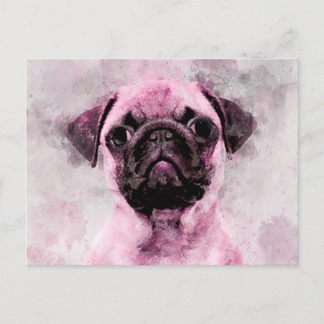 Carte Postale Portrait d'aquarelle de chien Carlin rose 02 (Devant)