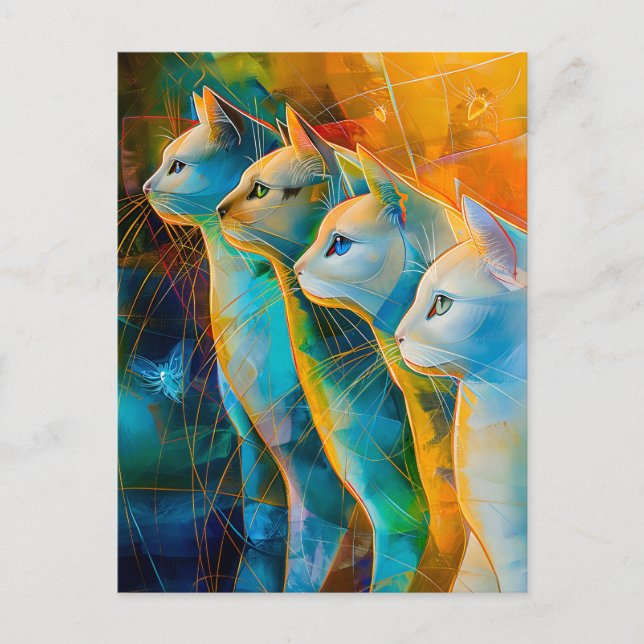Carte Postale Portrait de chat abstrait moderne entouré de Galax (Devant)