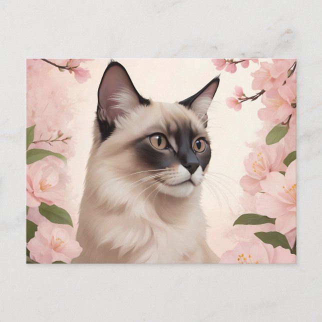 Carte Postale Portrait de chat balinais avec des fleurs épanouie (Devant)