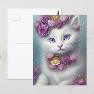 Carte Postale Portrait de chat blanc floral