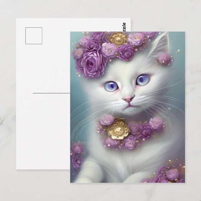 Carte Postale Portrait de chat blanc floral (Devant / Derrière)