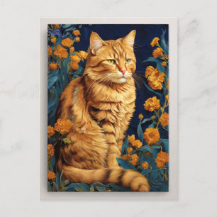 Carte Postale Portrait de chat brun vintage bleu botanique Van G