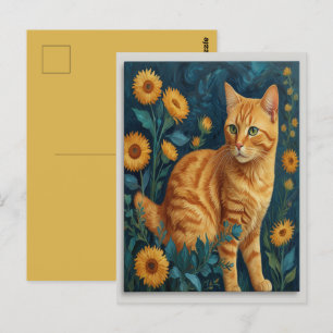 Carte Postale Portrait de chat brun vintage bleu botanique Van G