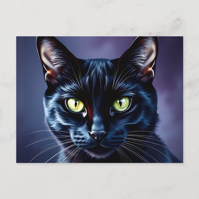 Carte Postale Portrait de chat noir aux yeux verts (Devant)