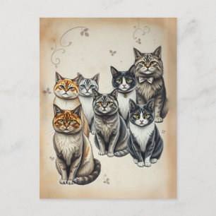 Carte Postale Portrait de famille de chats d'inspiration vintage