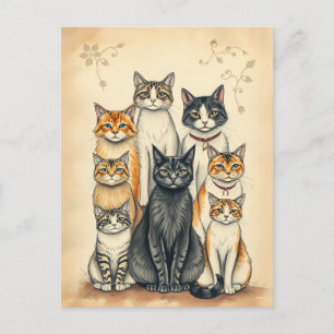 Carte Postale Portrait de famille de chats d'inspiration vintage
