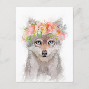 Carte Postale Portrait de louveteau avec couronne de fleurs