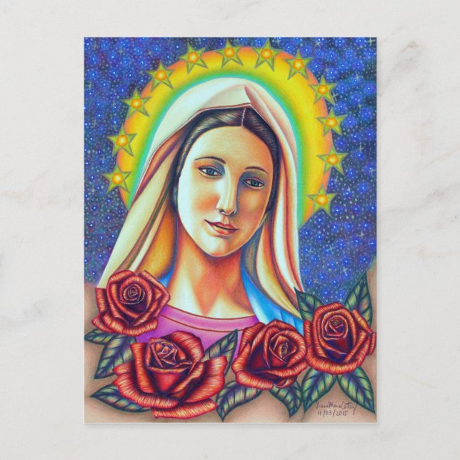 Carte Postale Portrait de Mère Marie aux roses rouges (Devant)