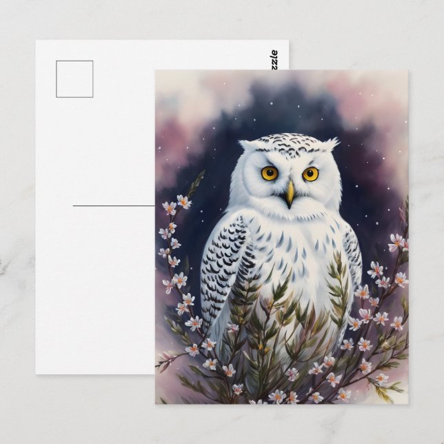 Carte Postale Portrait de nuit Floral de la Chouette blanche (Devant / Derrière)