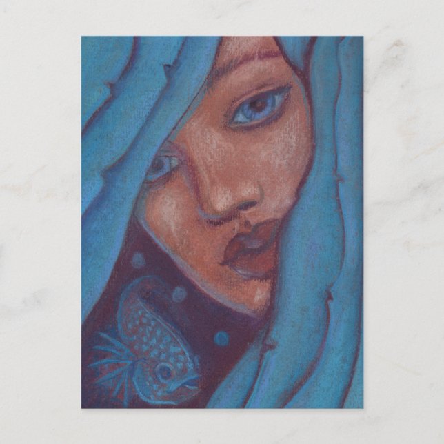 Carte Postale Portrait de sirène de cheveux bleu Imaginaire pein (Devant)
