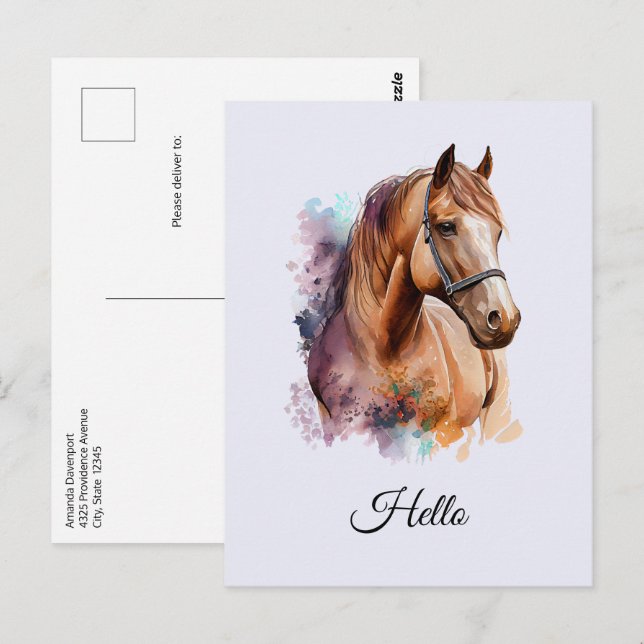 Carte Postale Portrait de tête de cheval brun à l'aquarelle (Devant / Derrière)