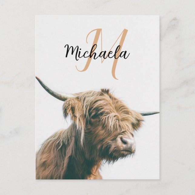 Carte Postale Portrait de vache Highland nom personnalisé monogr (Devant)
