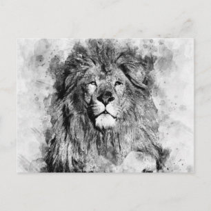 Carte Postale Portrait d'un lion mâle à l'aquarelle noir et blan