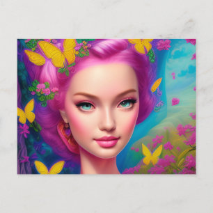 Carte Postale Portrait d'une belle femme rose vif