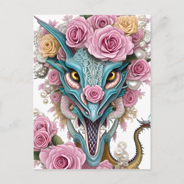 Carte Postale Portrait d'une belle tête de dragon rose lunatique (Devant)