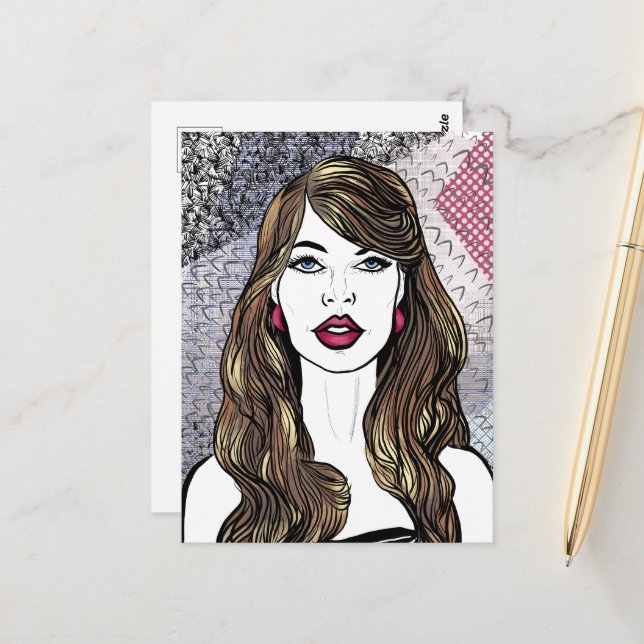 Carte Postale Portrait d'une fille aux longs cheveux bruns (Devant/Arrière en situation)