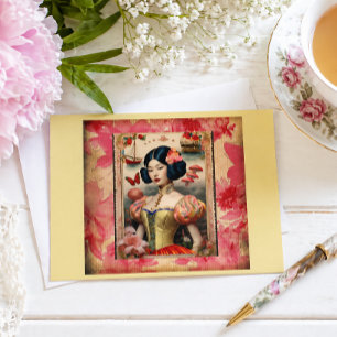 Carte Postale Portrait Floral Romantique Asiatique Vintage