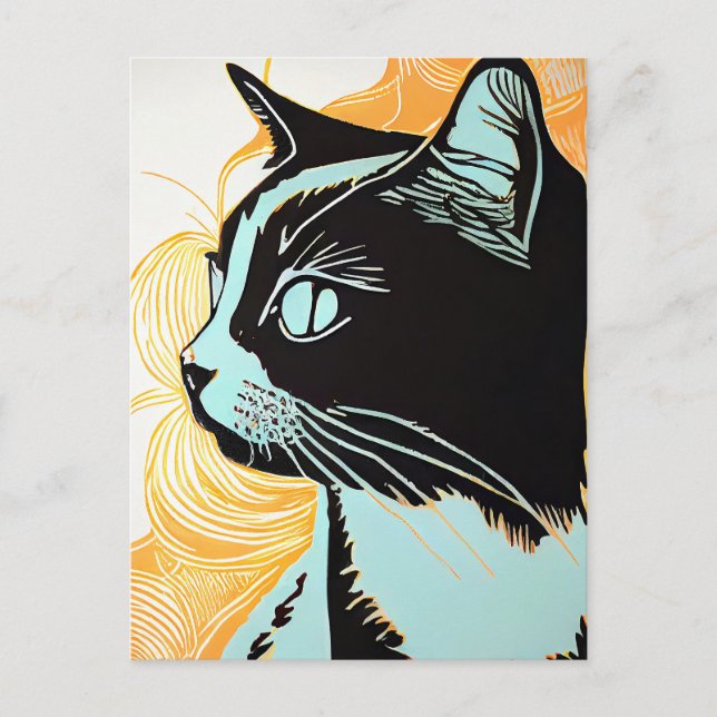 Carte Postale Portrait Linocut d'un chat dans le profil (Devant)
