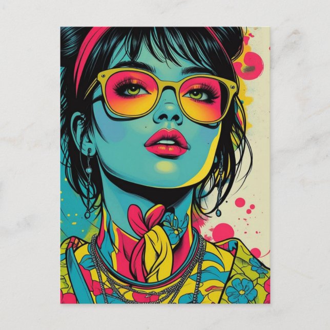 Carte Postale Portrait Neon Pop Diva - Art rétro gras et dynamiq (Devant)